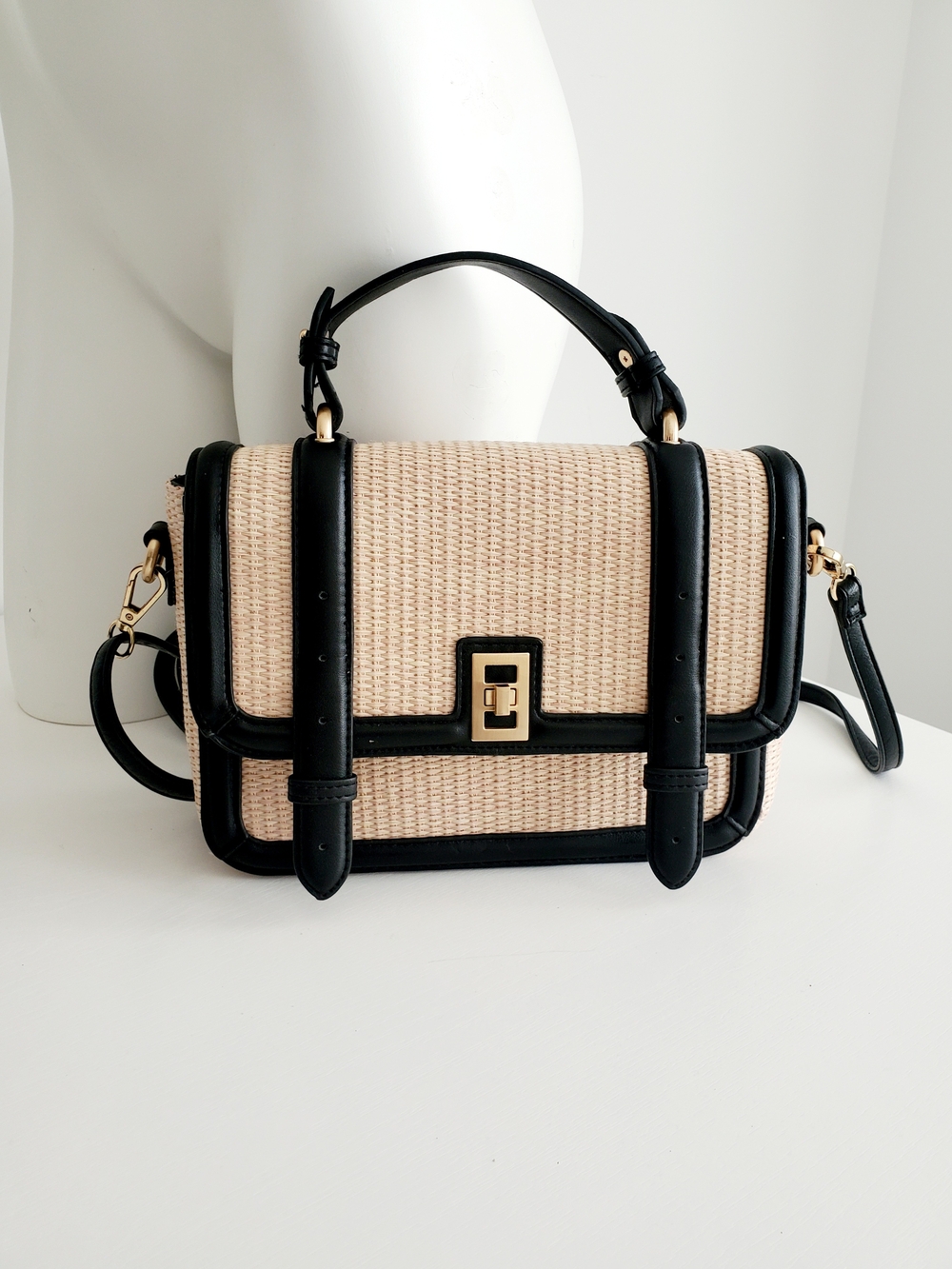 Woven Straw & Black Faux Leather Top Handle Crossbody Bag Like New